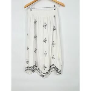 Kings Road Size Large White Black Midi Skirt Smocked Boho Asymmetrical Festival‎